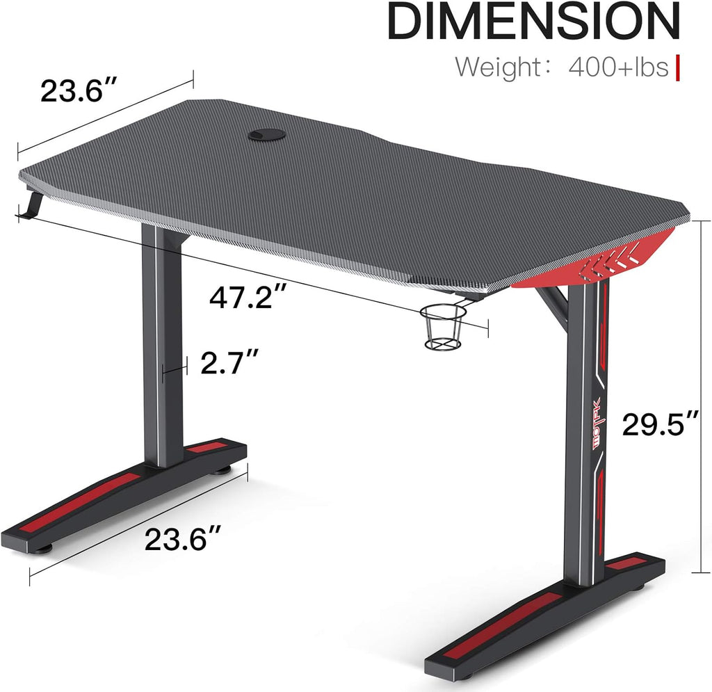 Black Carbon Fiber 47 Inch Gaming Desk with Cup Holder Rack and Headphone Hook V381