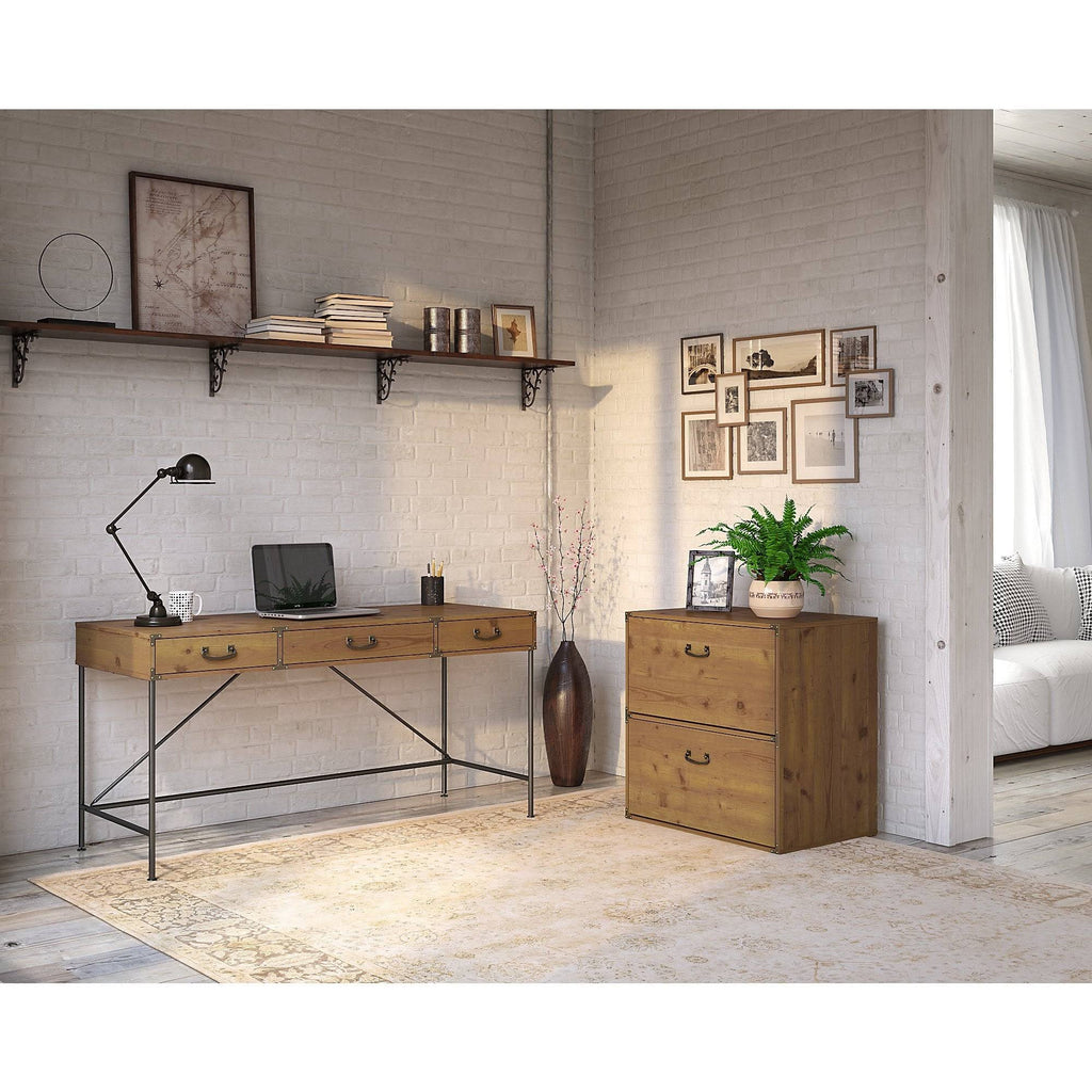 Vintage Golden Pine Writing Desk with Lateral File Cabinet V587805