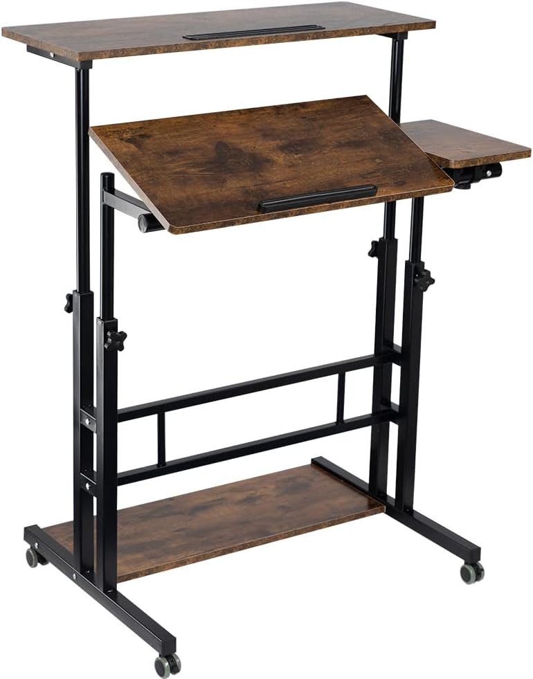 Rustic Brown Mobile Stand Up Desk with Wheels A76123
