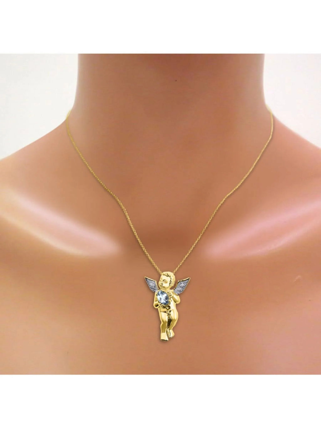 Yellow Gold Plated Hugs & Kisses Angel Necklace, Tennis Bracelet, & Ring with Diamonds Adjustable 7"-8" Wrist & 18" Chain Aquamarine Birthstone Jewelry E83012