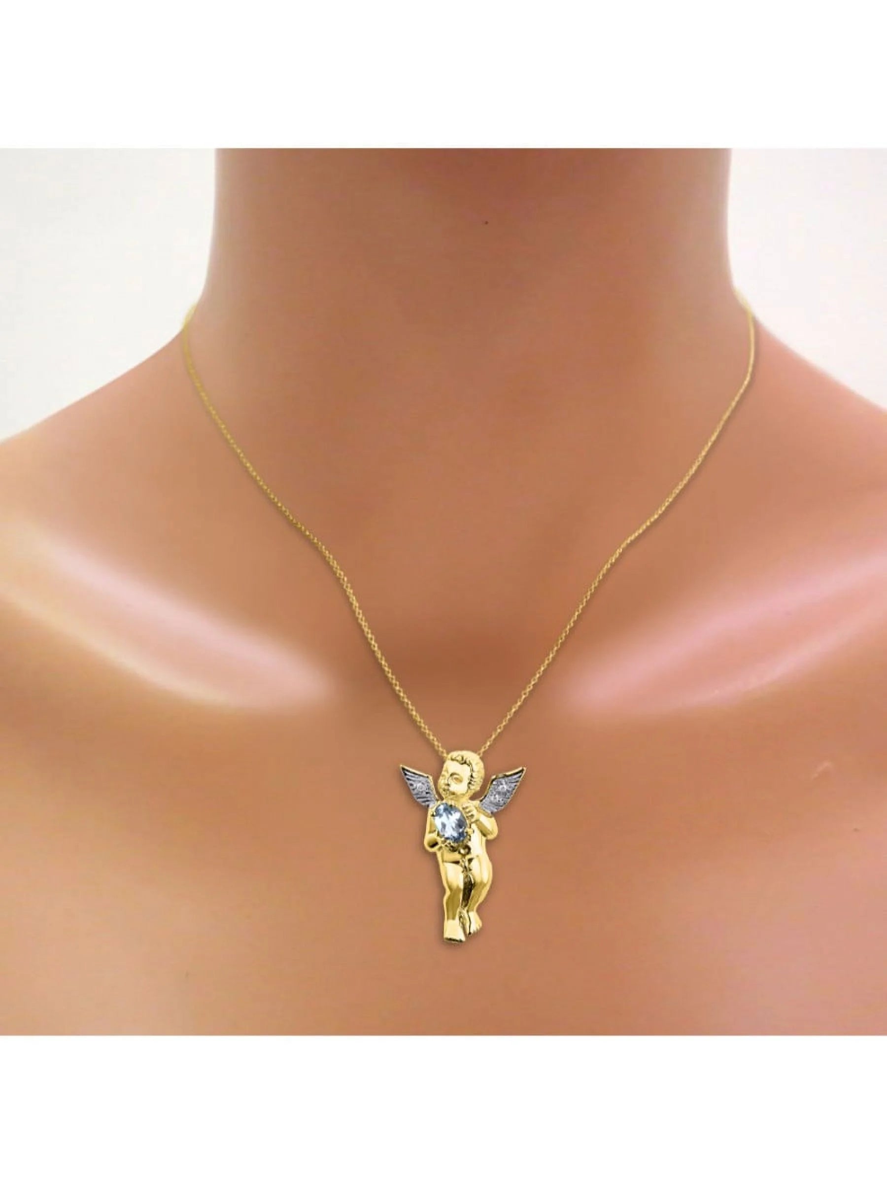 Yellow Gold Plated Hugs & Kisses Angel Necklace, Tennis Bracelet, & Ring with Diamonds Adjustable 7"-8" Wrist & 18" Chain Aquamarine Birthstone Jewelry E83012