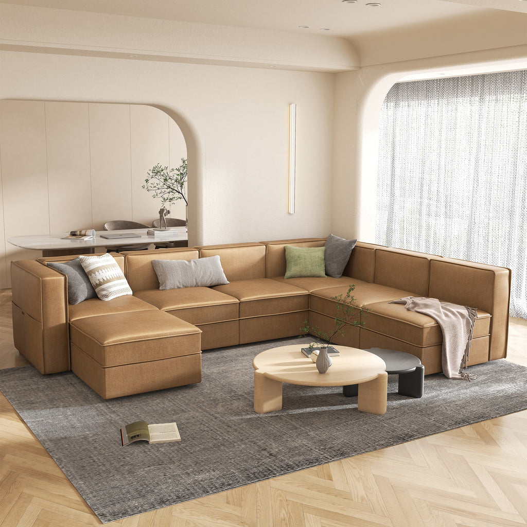 Caramel Brown U Shaped 7 Seaters Convertible Sectional Sofa Couch with Ottoman L61661