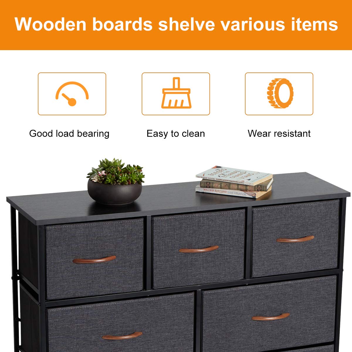 Grey 9 Drawer Fabric Dresser with Steel Frame and Wooden Top Y153