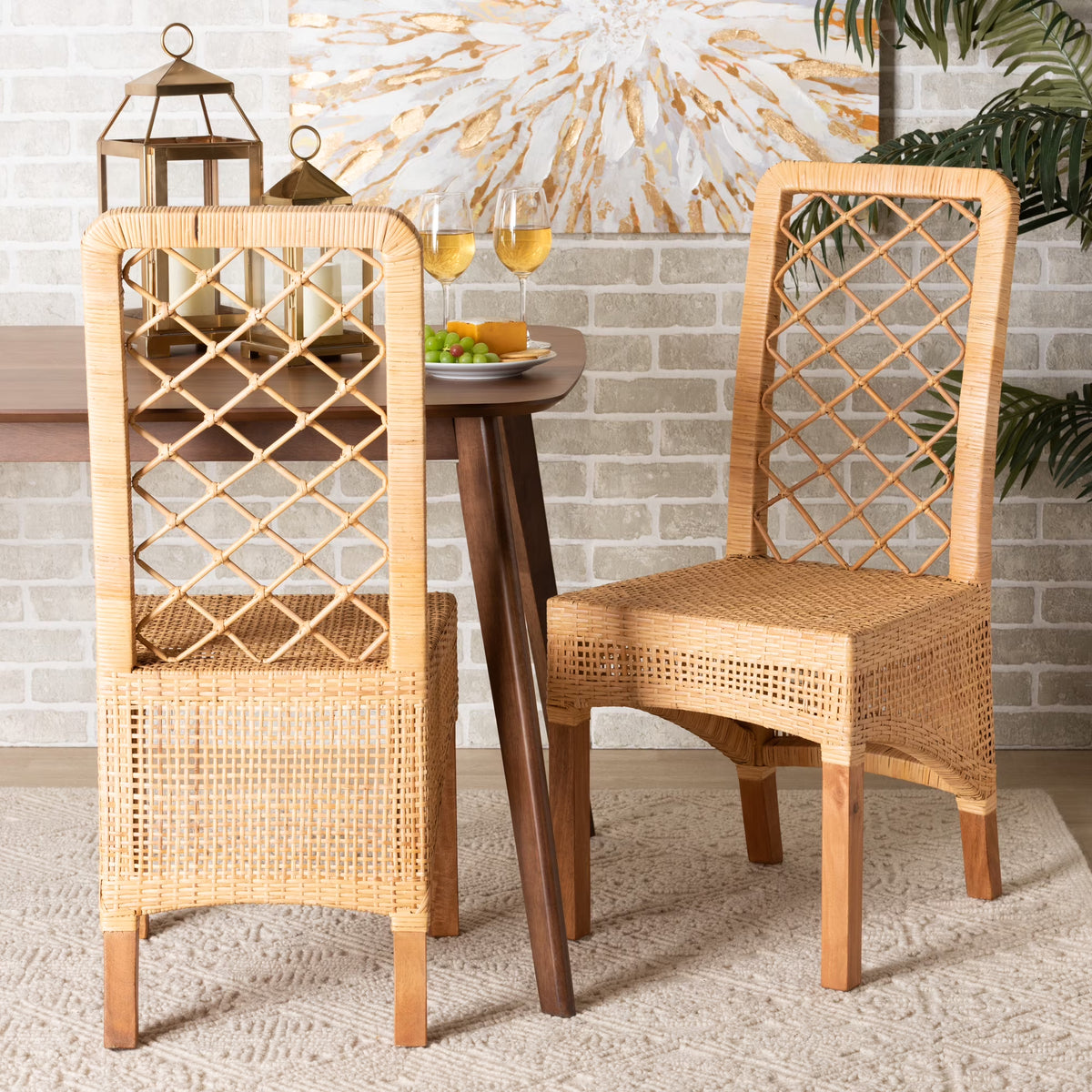 Natural Rattan and Walnut Brown 2-Piece Dining Chair Set I98569