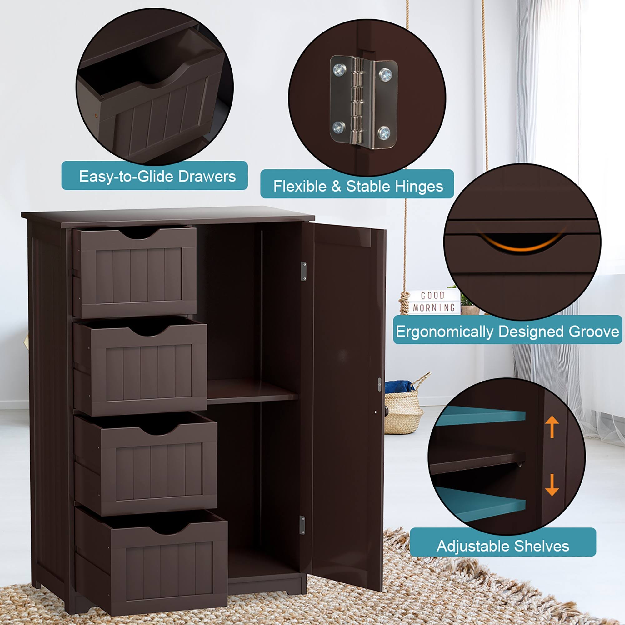 Brown Storage Cabinet with 4-Drawers 2-Shelves D84377