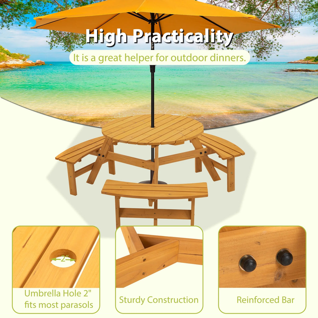 6-Person Outdoor Wooden Picnic Table with 3 Built-in Benches T4076