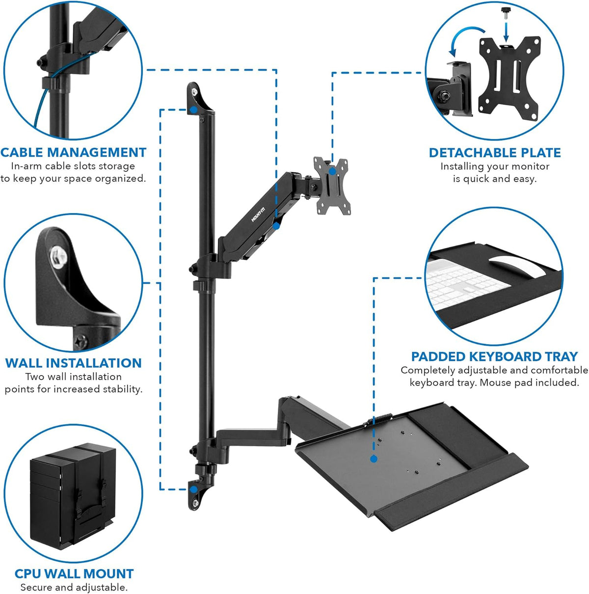 Wall Mount Workstation with Single Monitor Mount, Keyboard Tray and CPU Holder, Height Adjustable Full Motion Arms Q247