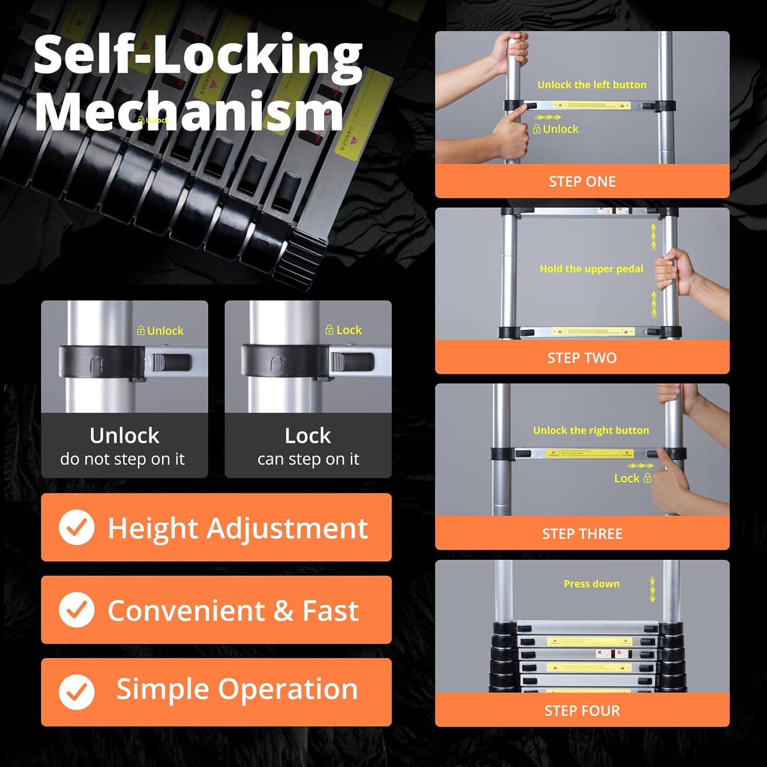 12.5FT Aluminum Telescoping Extension Ladder with Hooks & Stabilizers H3566