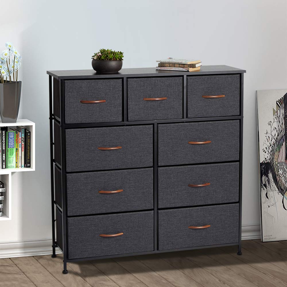 Grey 9 Drawer Fabric Dresser with Steel Frame and Wooden Top Y153