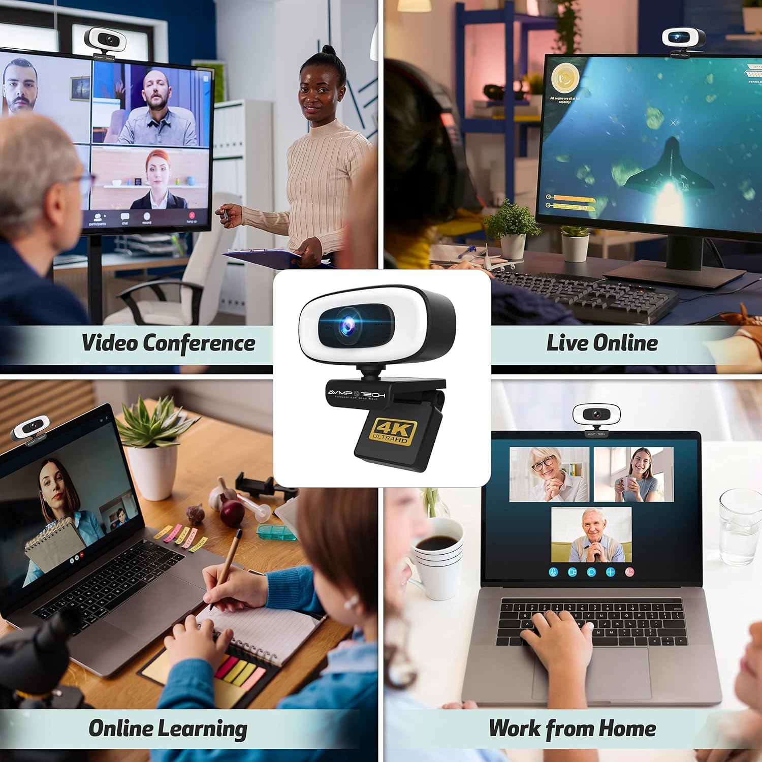 4K Webcam with Light Ultra HD 8MP Autofocus USB Web Cam with Microphone X39406