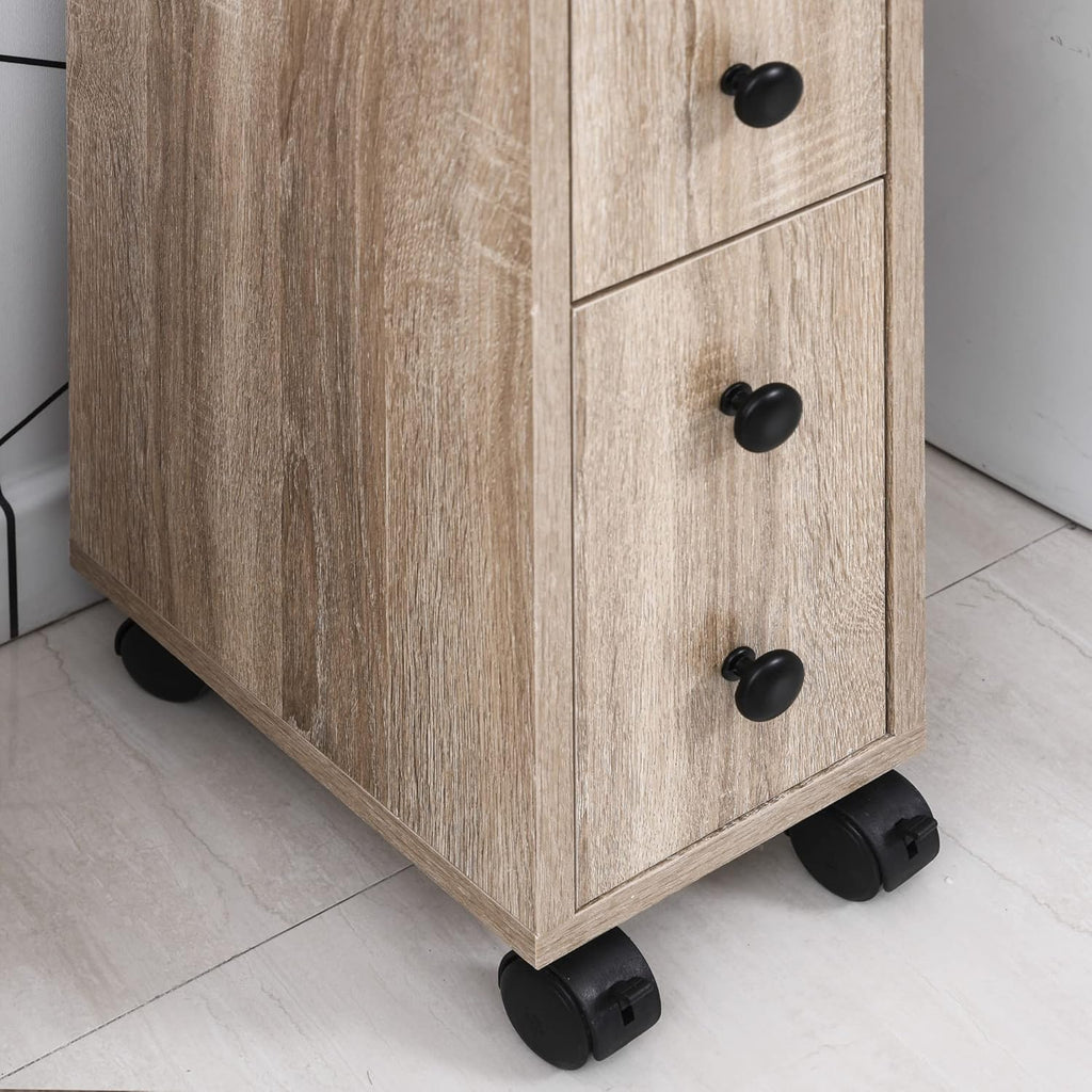 Oak Grain Freestanding Bathroom Cabinet with 2 Open Cabinets, 1 Door Cabinet, 1 Drawer and 4 Rolling Wheels W9087