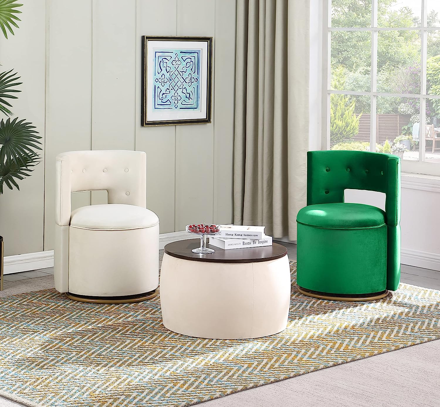 Velvet Swivel Accent Chair with Storage and Gold Metal Base V430