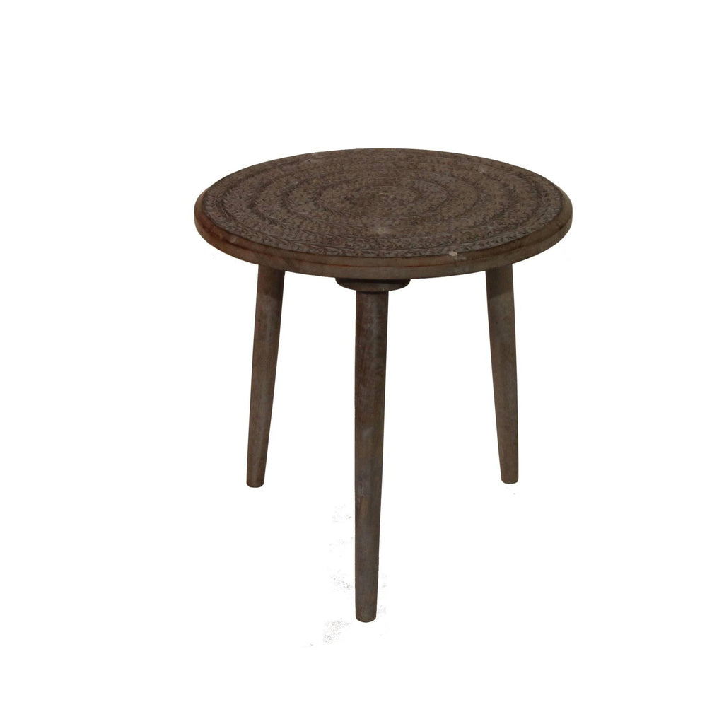 Brown Round Top Wooden Accent Table with Leaf Engraving F30071