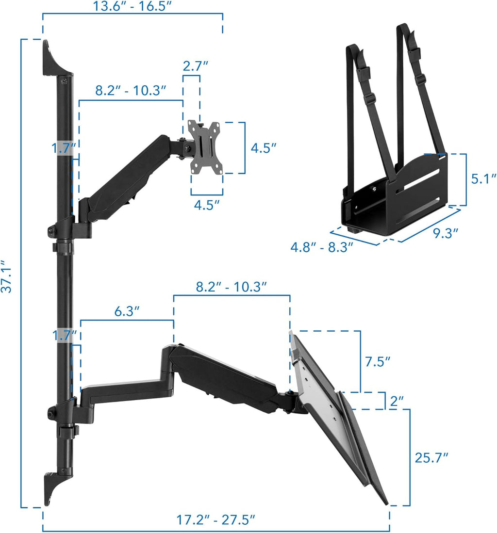 Wall Mount Workstation with Single Monitor Mount, Keyboard Tray and CPU Holder, Height Adjustable Full Motion Arms Q247