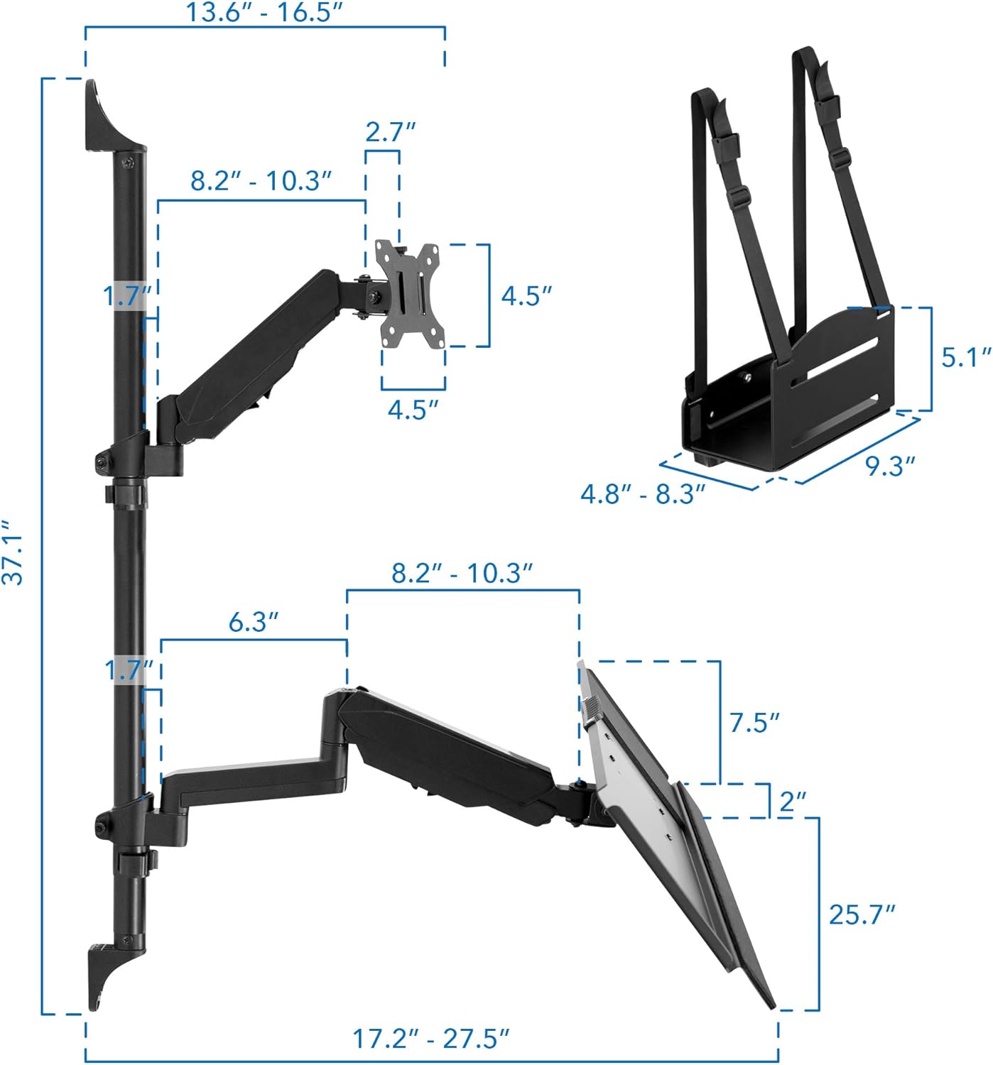 Wall Mount Workstation with Single Monitor Mount, Keyboard Tray and CPU Holder, Height Adjustable Full Motion Arms Q247
