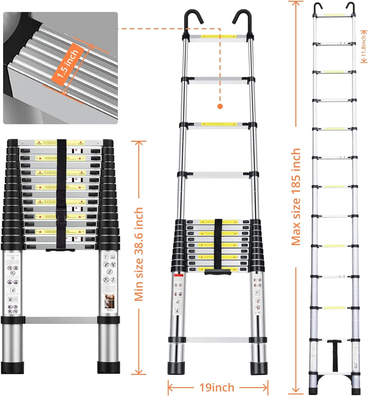 12.5FT Aluminum Telescoping Extension Ladder with Hooks & Stabilizers H3566