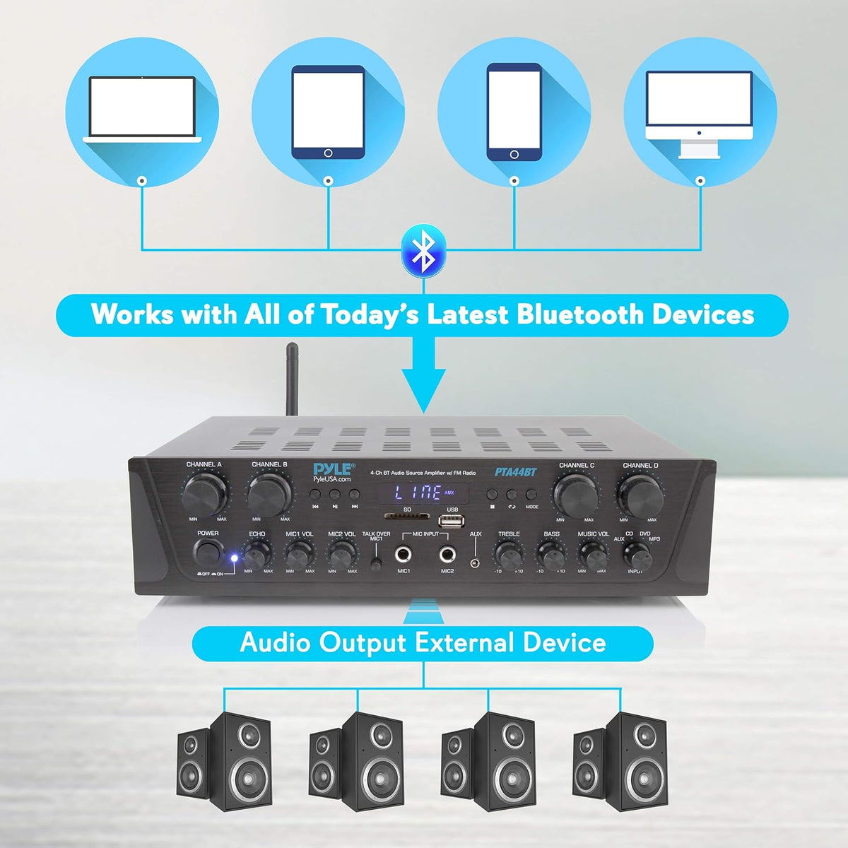 500W 4 Channel Bluetooth Amplifier with FM, USB, Microphone F2837