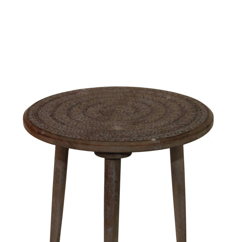 Brown Round Top Wooden Accent Table with Leaf Engraving F30071