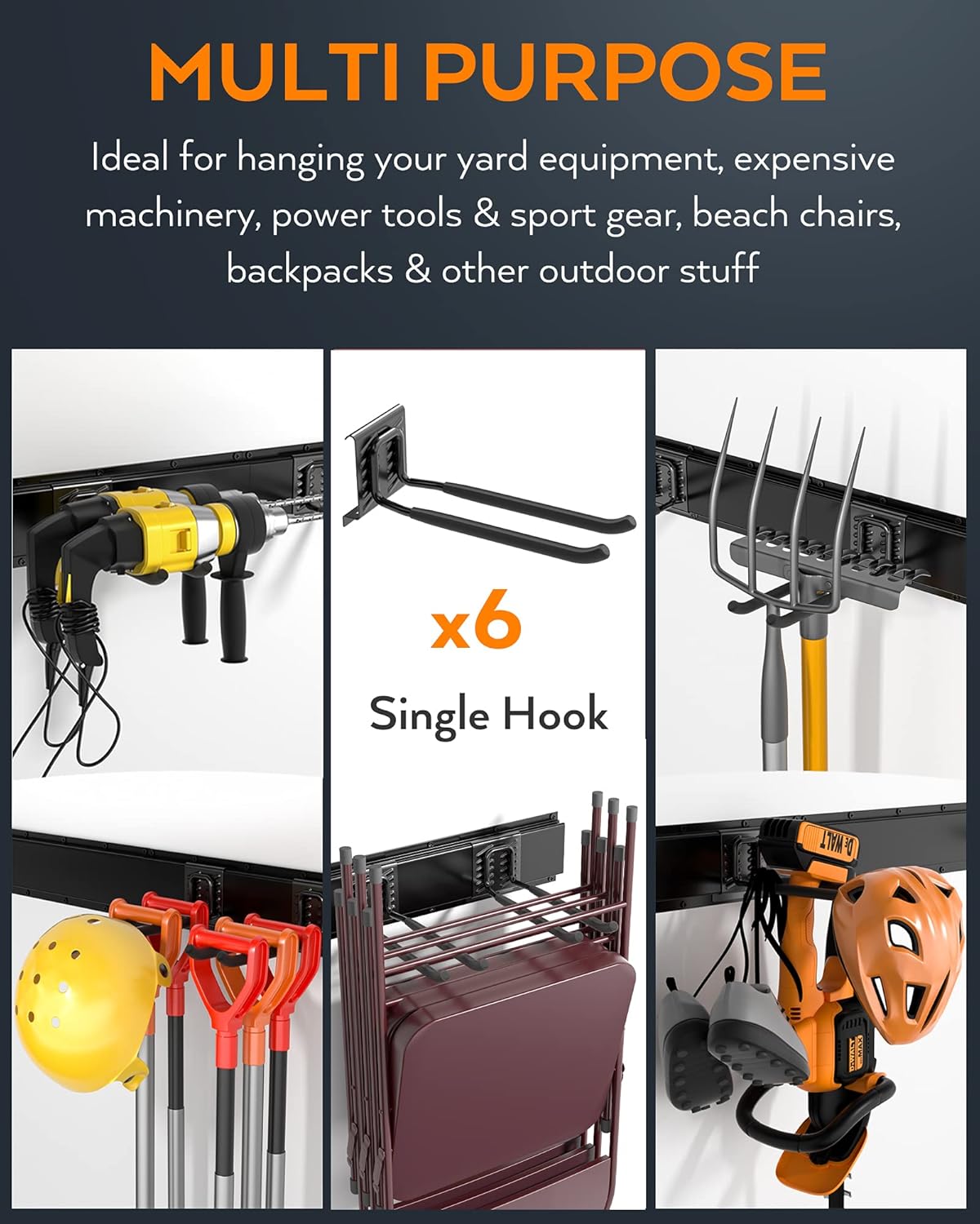 Heavy Duty Garage Storage Tool Organizer Wall Mount Rack with 6 Long Hooks, 48 Inch, Pack of 2 D234493