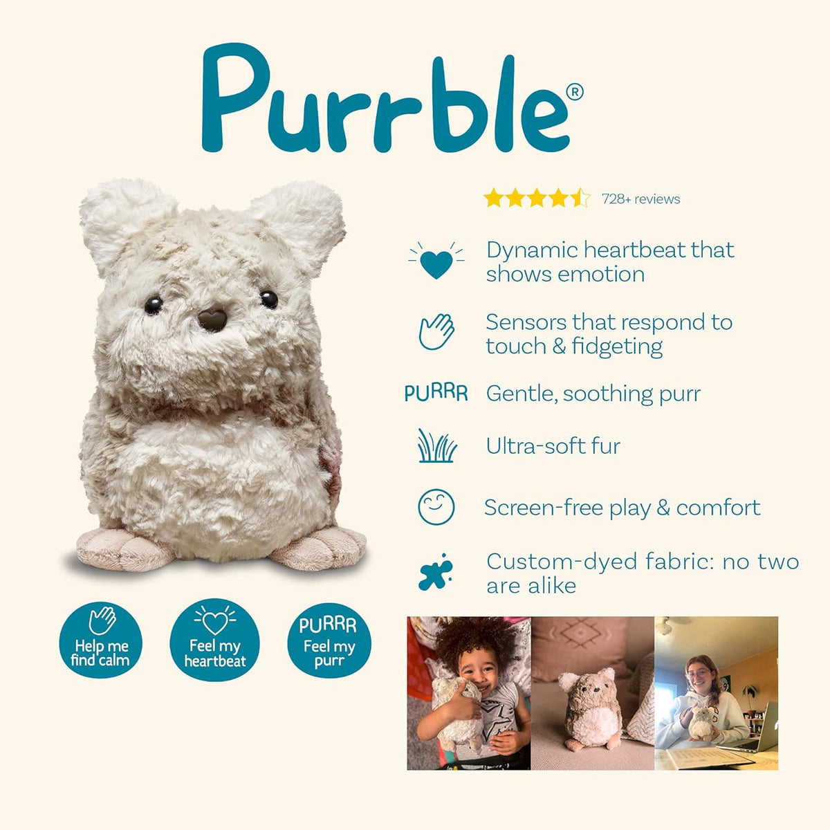 Calming Toy Companion with Dynamic Heartbeat and Soothing Purr Plush H4134