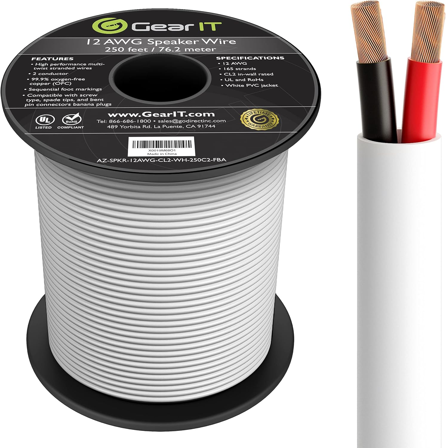 12AWG 100 Feet CL2 Rated 2 Conductor OFC Oxygen-Free Copper Speaker Wire D460