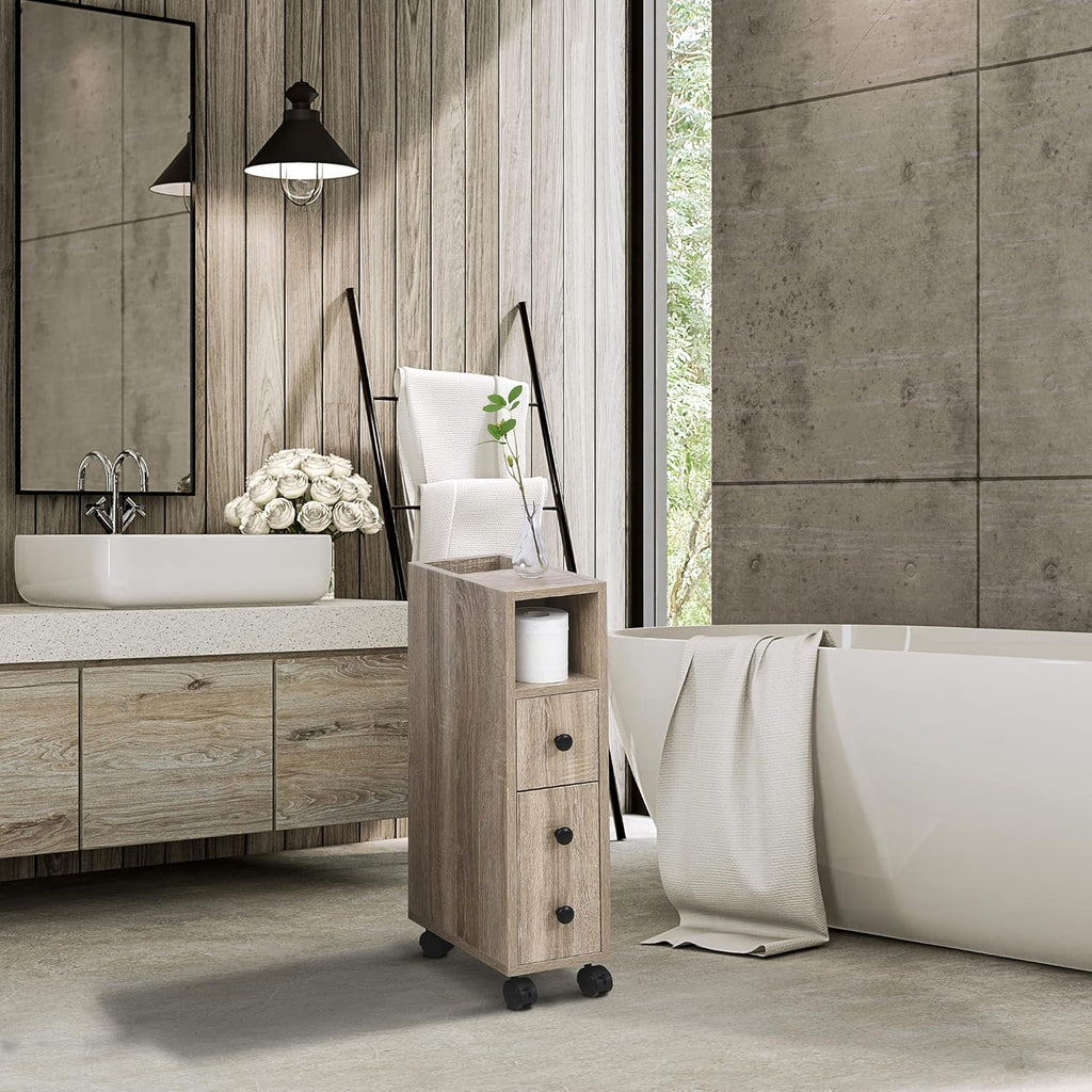 Oak Grain Freestanding Bathroom Cabinet with 2 Open Cabinets, 1 Door Cabinet, 1 Drawer and 4 Rolling Wheels W9087