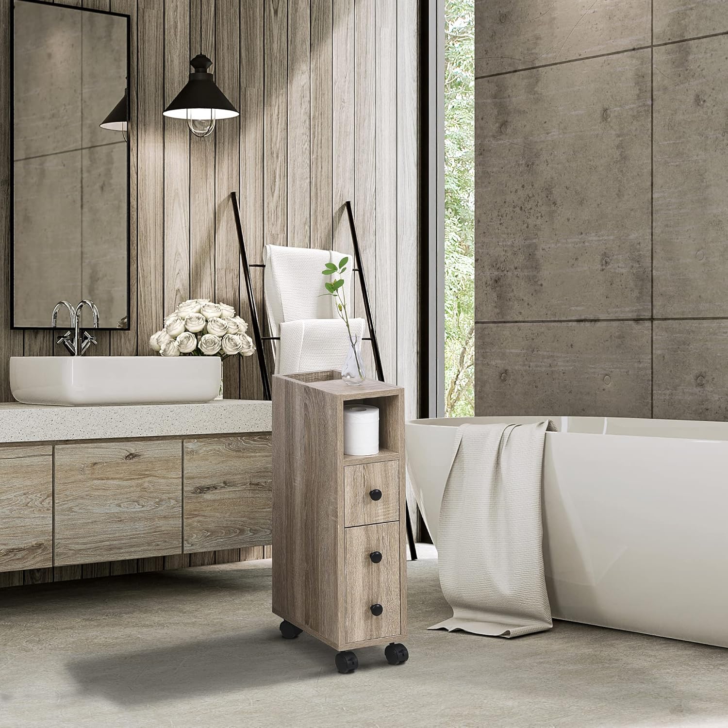 Oak Grain Freestanding Bathroom Cabinet with 2 Open Cabinets, 1 Door Cabinet, 1 Drawer and 4 Rolling Wheels W9087
