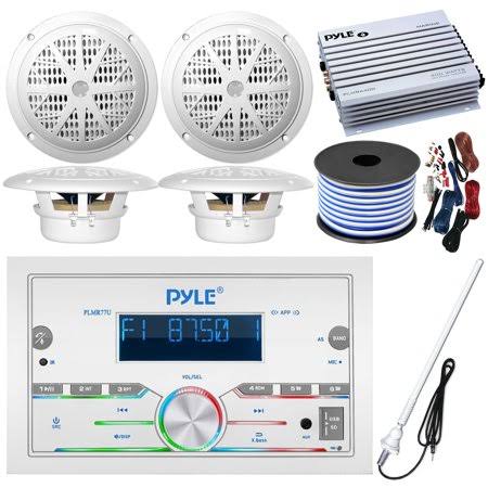 Pontoon Boat Audio Bundle: Pyle Double DIN Bluetooth Marine Receiver, 4X 6.5" Waterproof White Speakers, 4-Channel Amplifier Y928