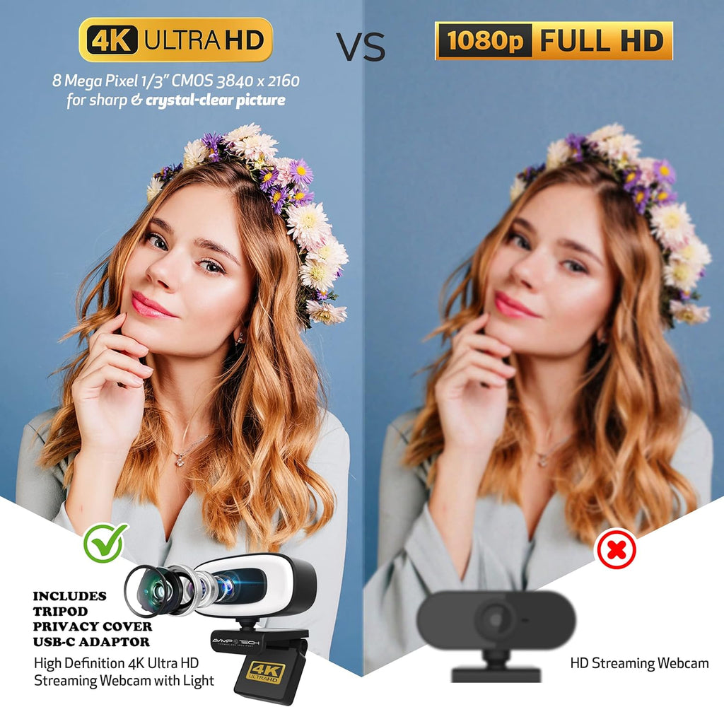 4K Webcam with Light Ultra HD 8MP Autofocus USB Web Cam with Microphone X39406
