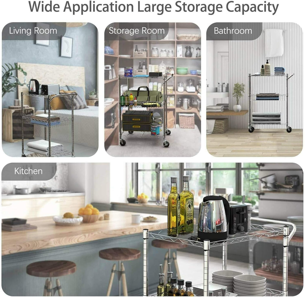 3-Tier Silver Steel Rolling Kitchen Trolley Cart with Storage Shelves O963215