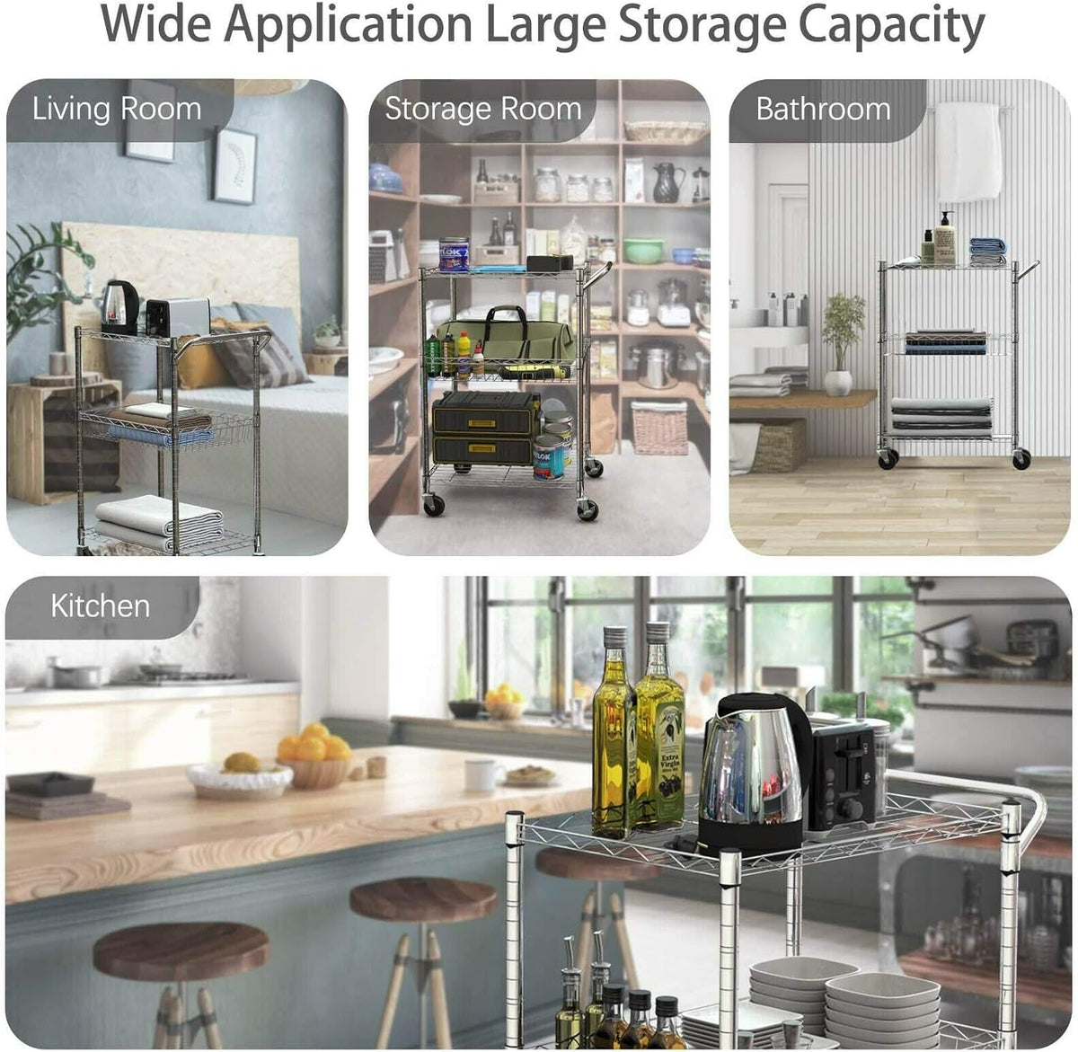 3-Tier Silver Steel Rolling Kitchen Trolley Cart with Storage Shelves O963215