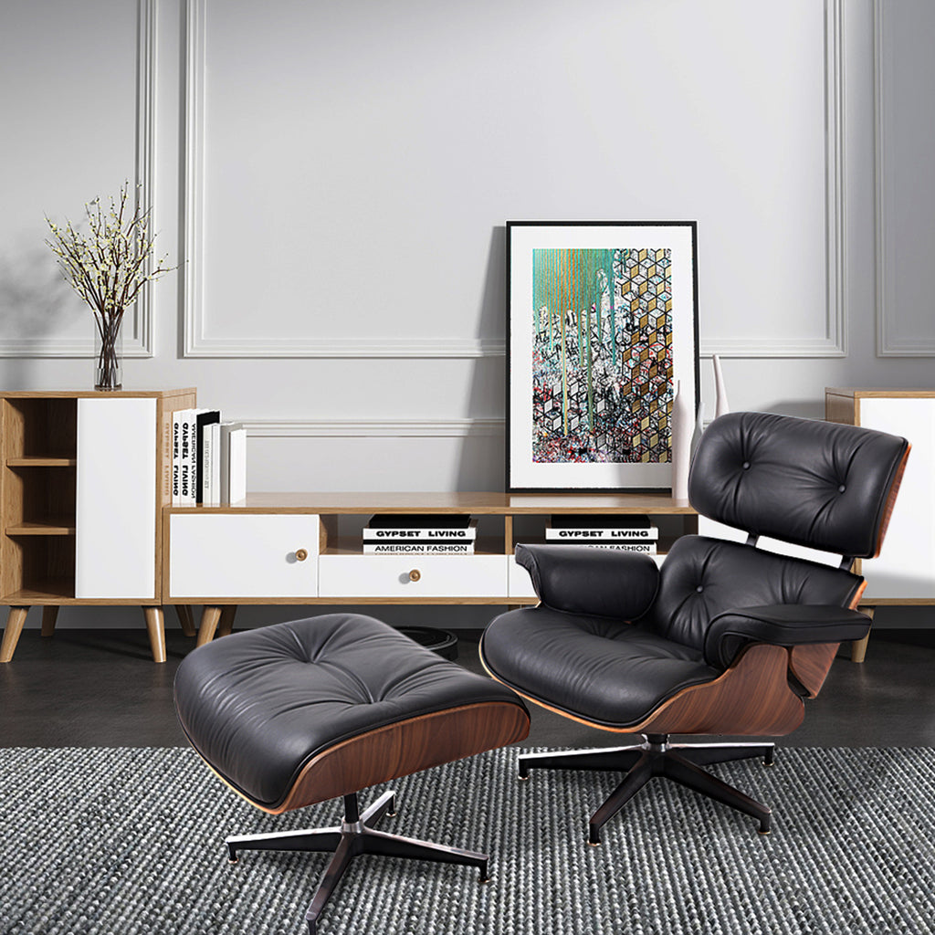 Black Tufted Leather Swivel Lounge Chair with Ottoman A788