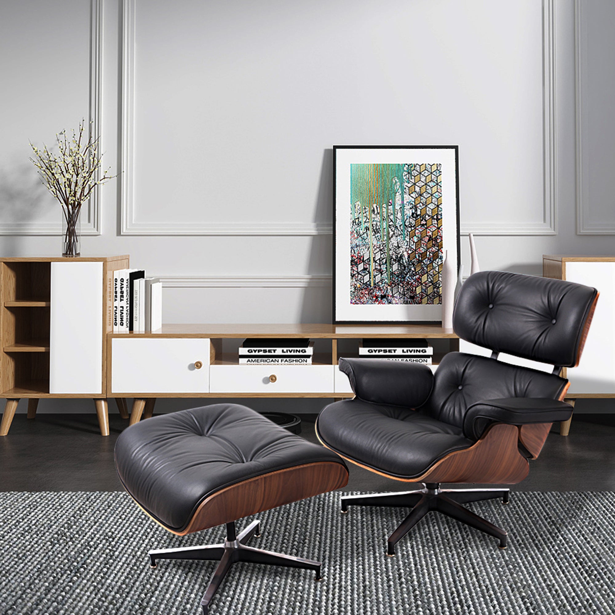 Black Tufted Leather Swivel Lounge Chair with Ottoman A788