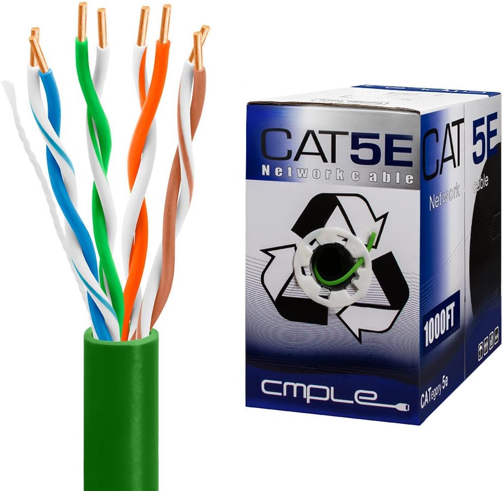 Cat5e Gigabit Ethernet Cable Bulk Unshielded Twisted Pair (UTP) Solid 24AWG CMR 350 MHz 1000 Feet Green J394305