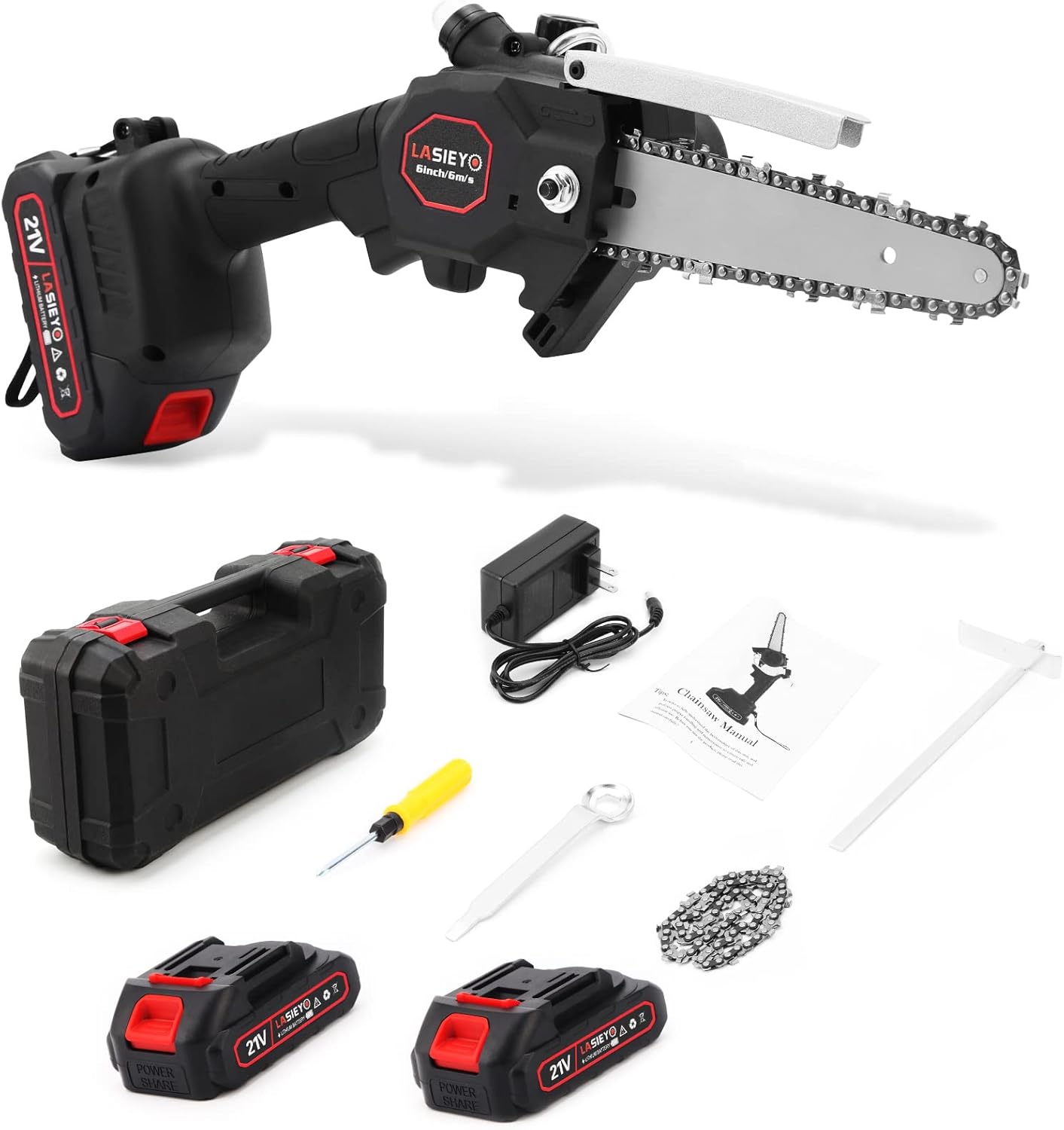 Cordless 6 Inch Brushless Mini Chainsaw with Oil System, 2Pcs 21V 2.0Ah Batteries Y41019