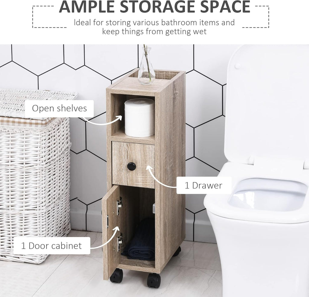 Oak Grain Freestanding Bathroom Cabinet with 2 Open Cabinets, 1 Door Cabinet, 1 Drawer and 4 Rolling Wheels W9087