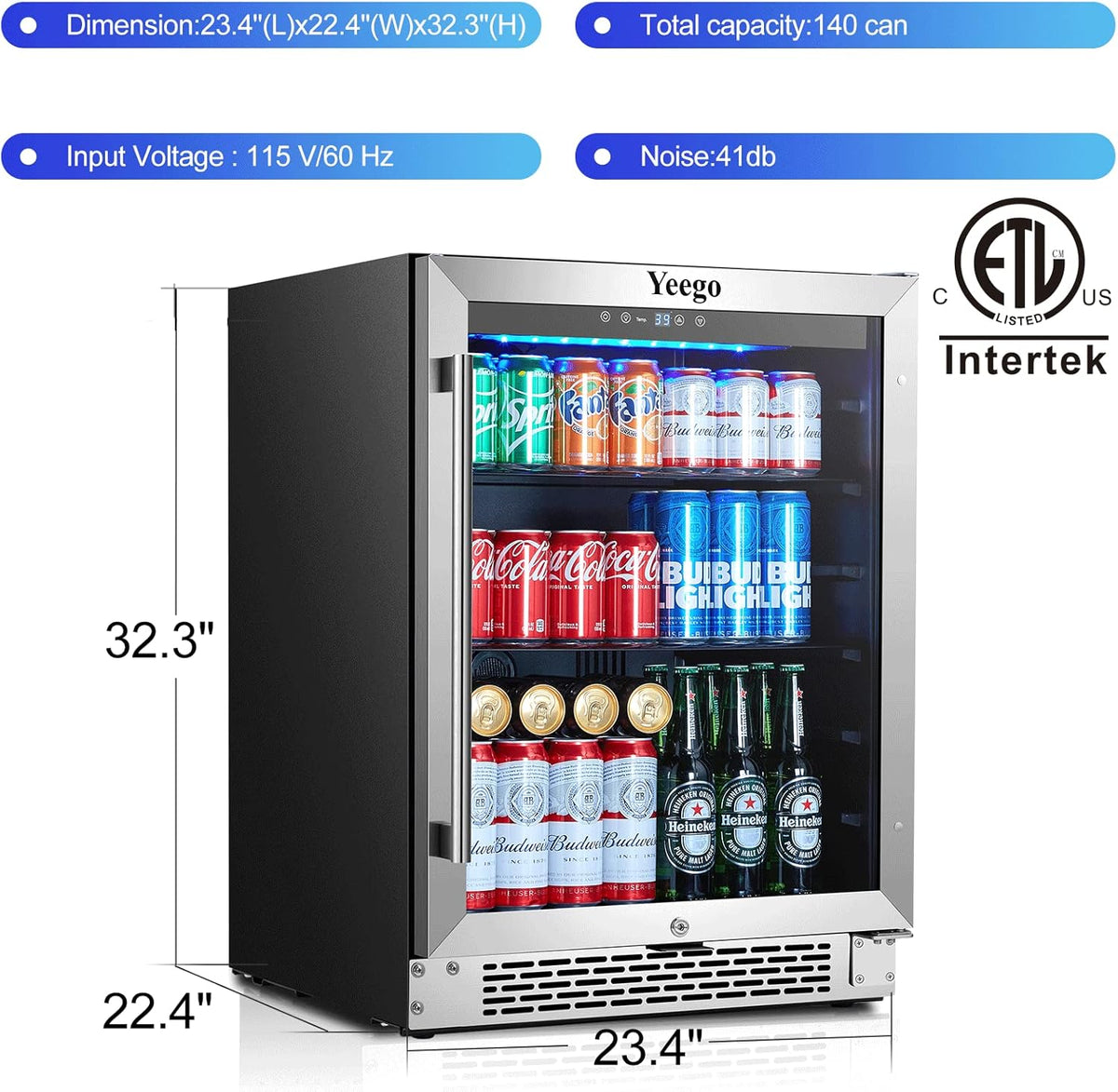 24'' 140 can Stainless Steel Beverage Refrigerator with Reversible Double-Layer Tempered Glass Door J436374