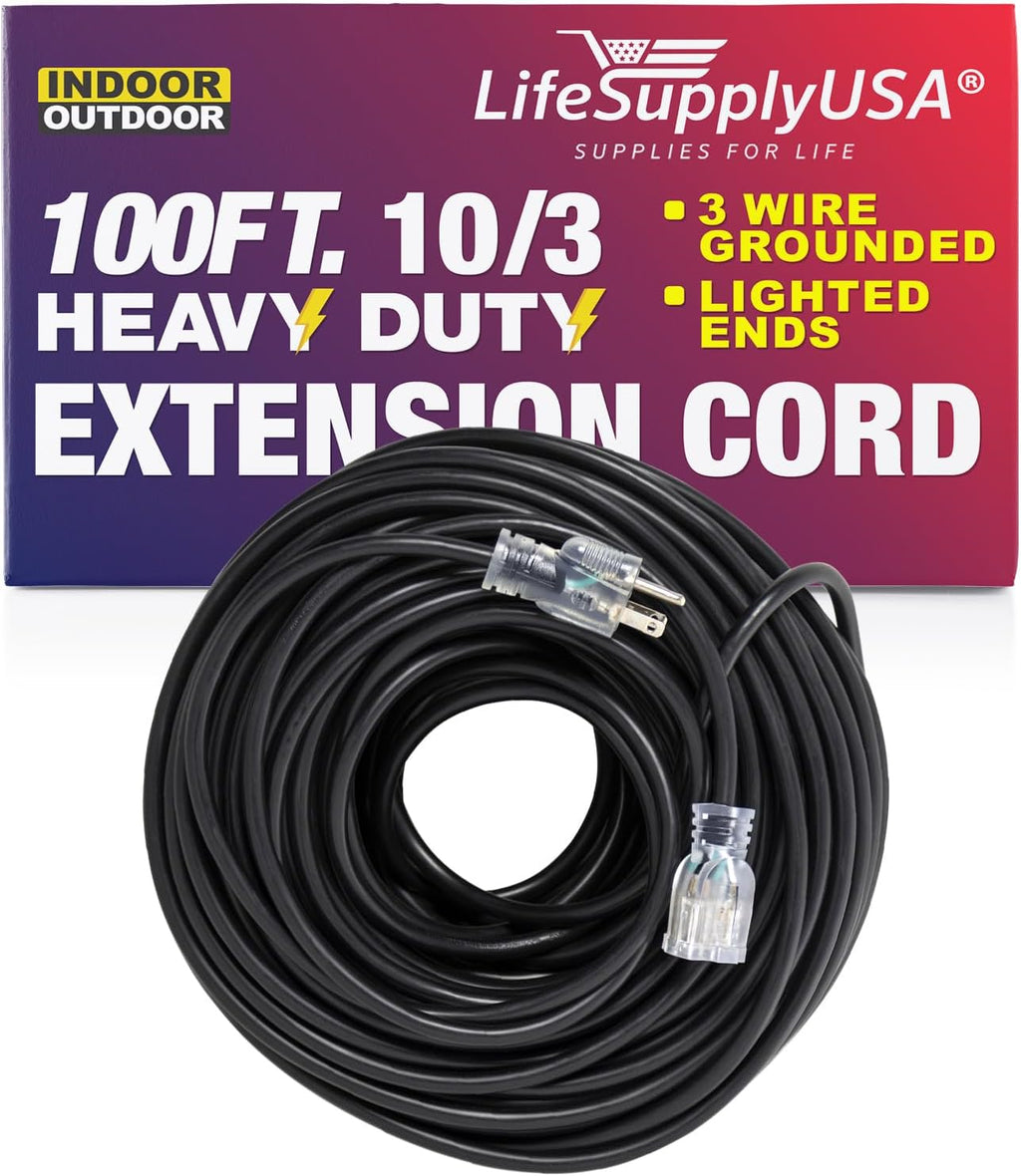 100 ft Heavy Duty 3 Prong Extension Cord with Multiple Outlets, Lighted End, Black Z8910