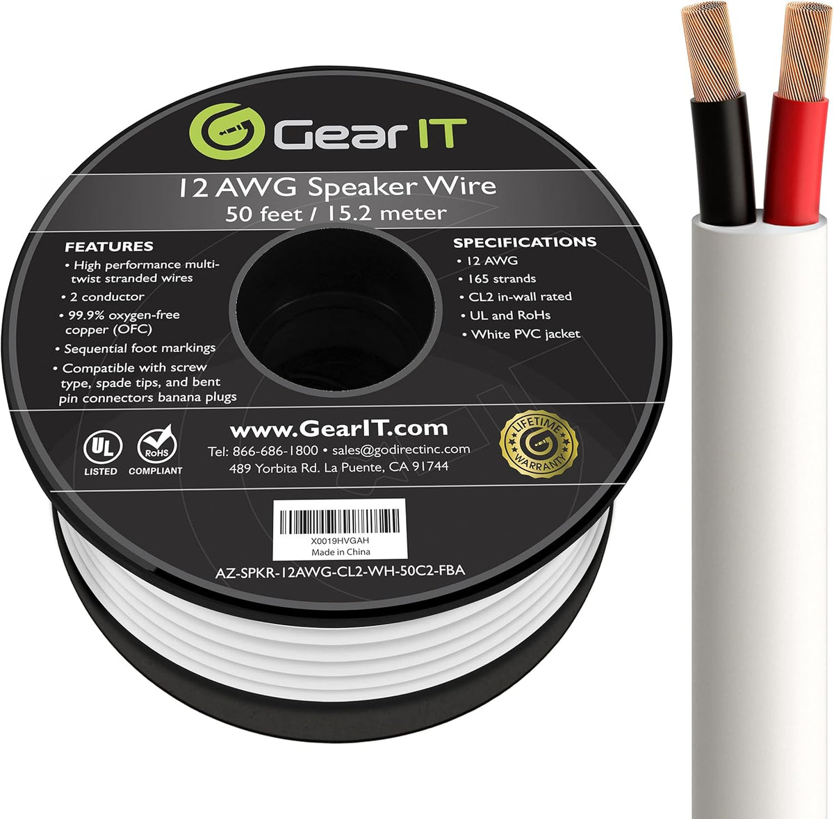 12AWG 100 Feet CL2 Rated 2 Conductor OFC Oxygen-Free Copper Speaker Wire D460