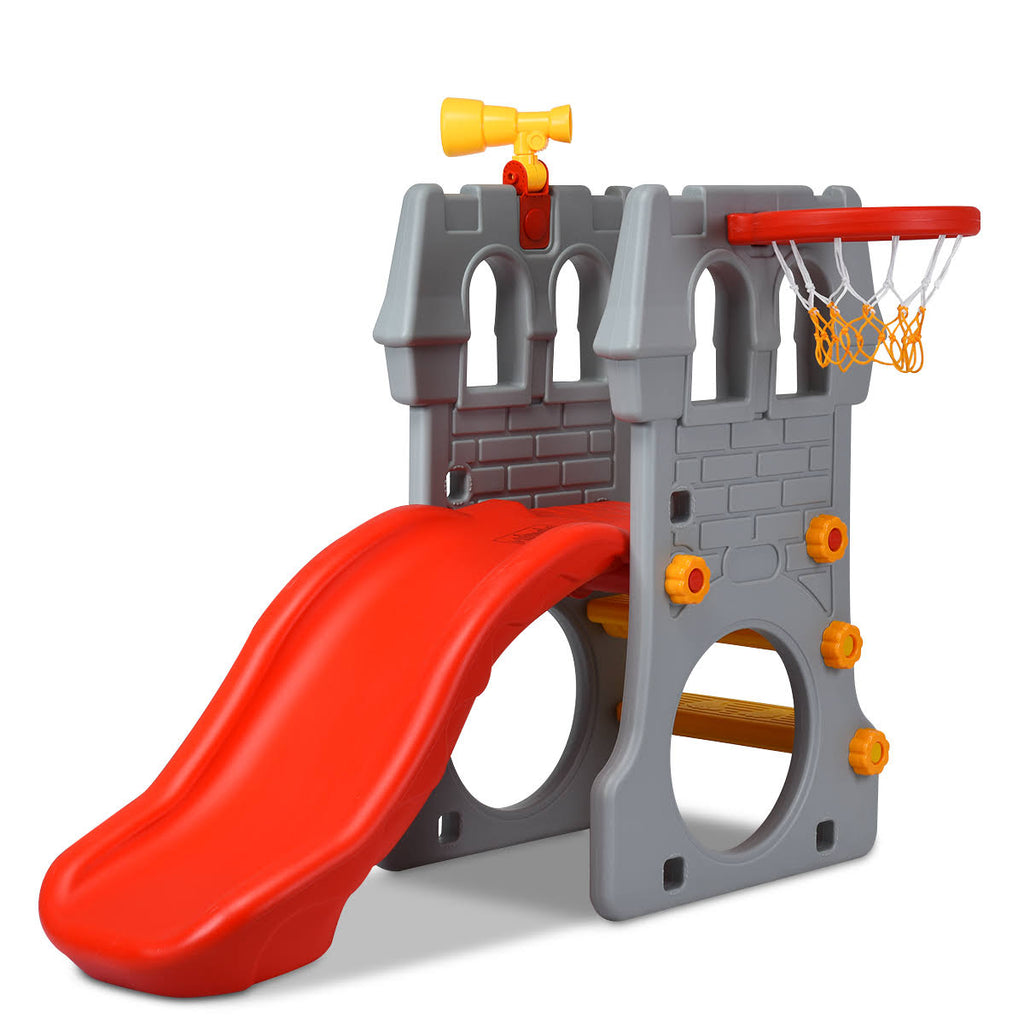 Red Gray Yellow Children Castle Slide with Basketball Hoop and Telescope R6776