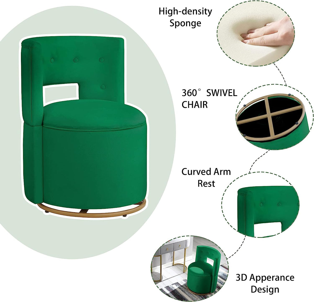 Velvet Swivel Accent Chair with Storage and Gold Metal Base V430
