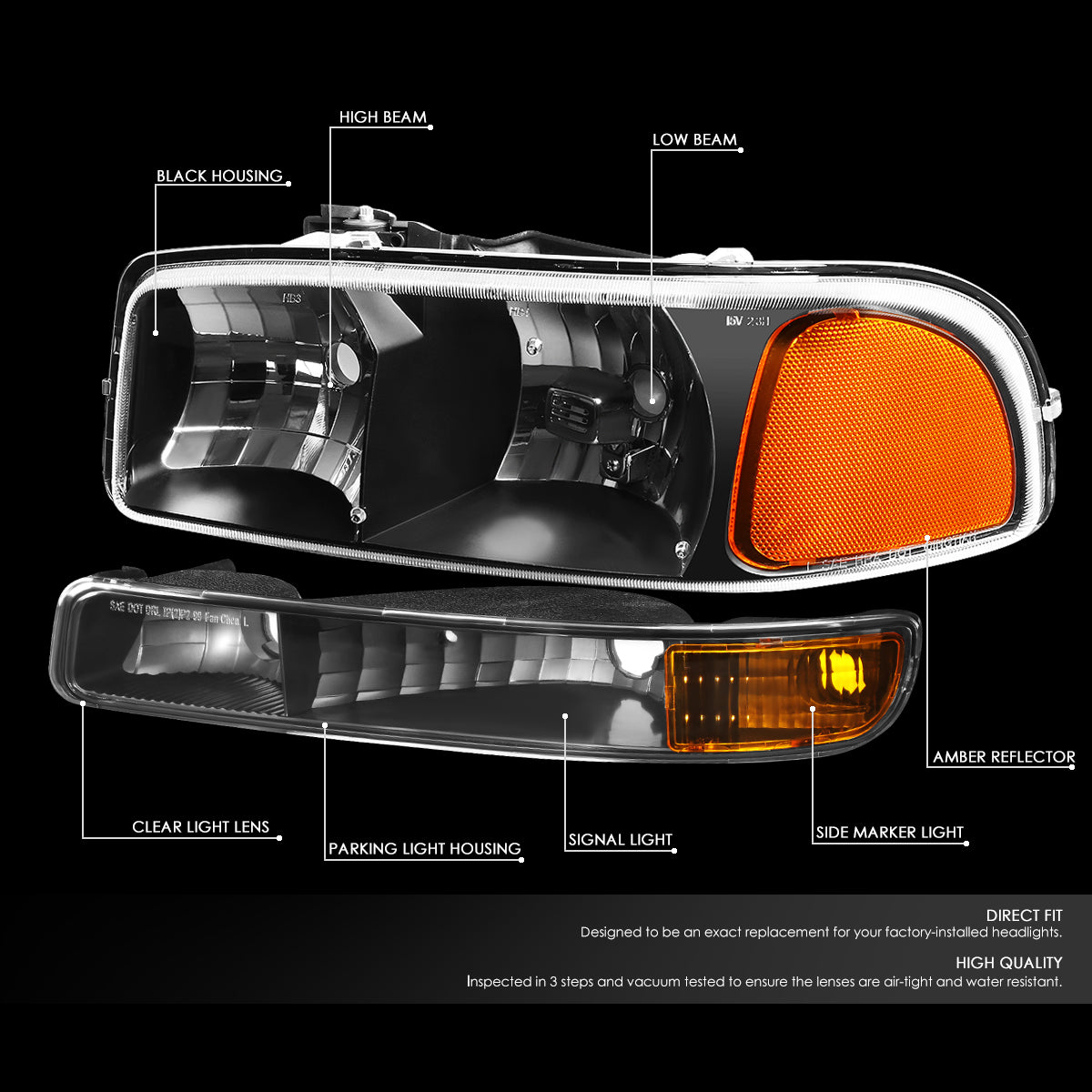 Black Housing Headlight and Amber Corner Bumper Lamps F7923