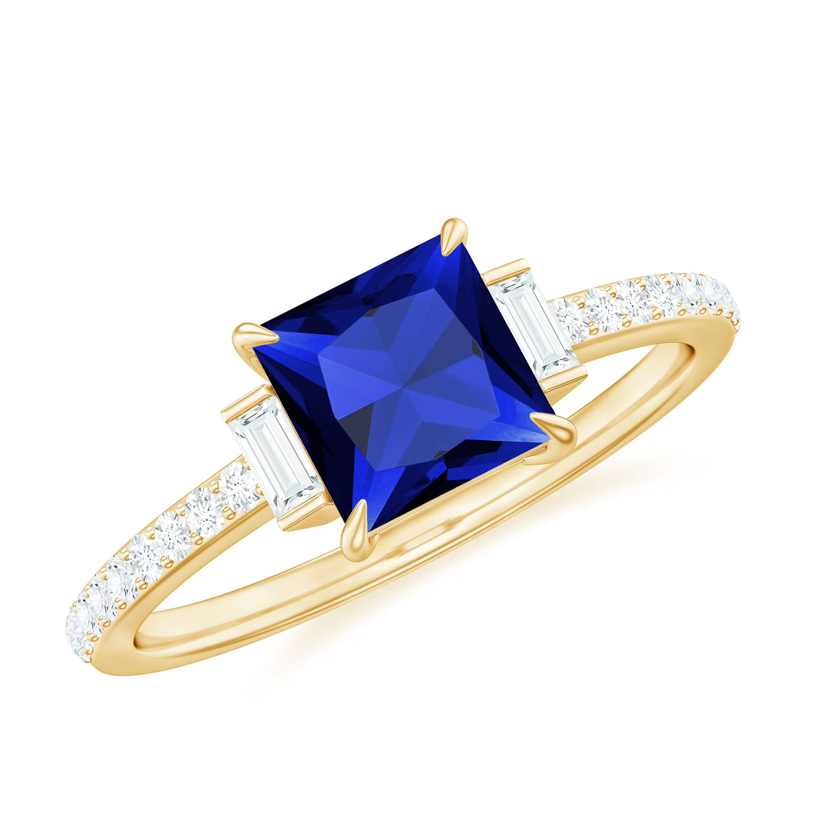 14K Yellow Gold Princess Cut Blue Sapphire Ring with Diamond Side Stones N864565