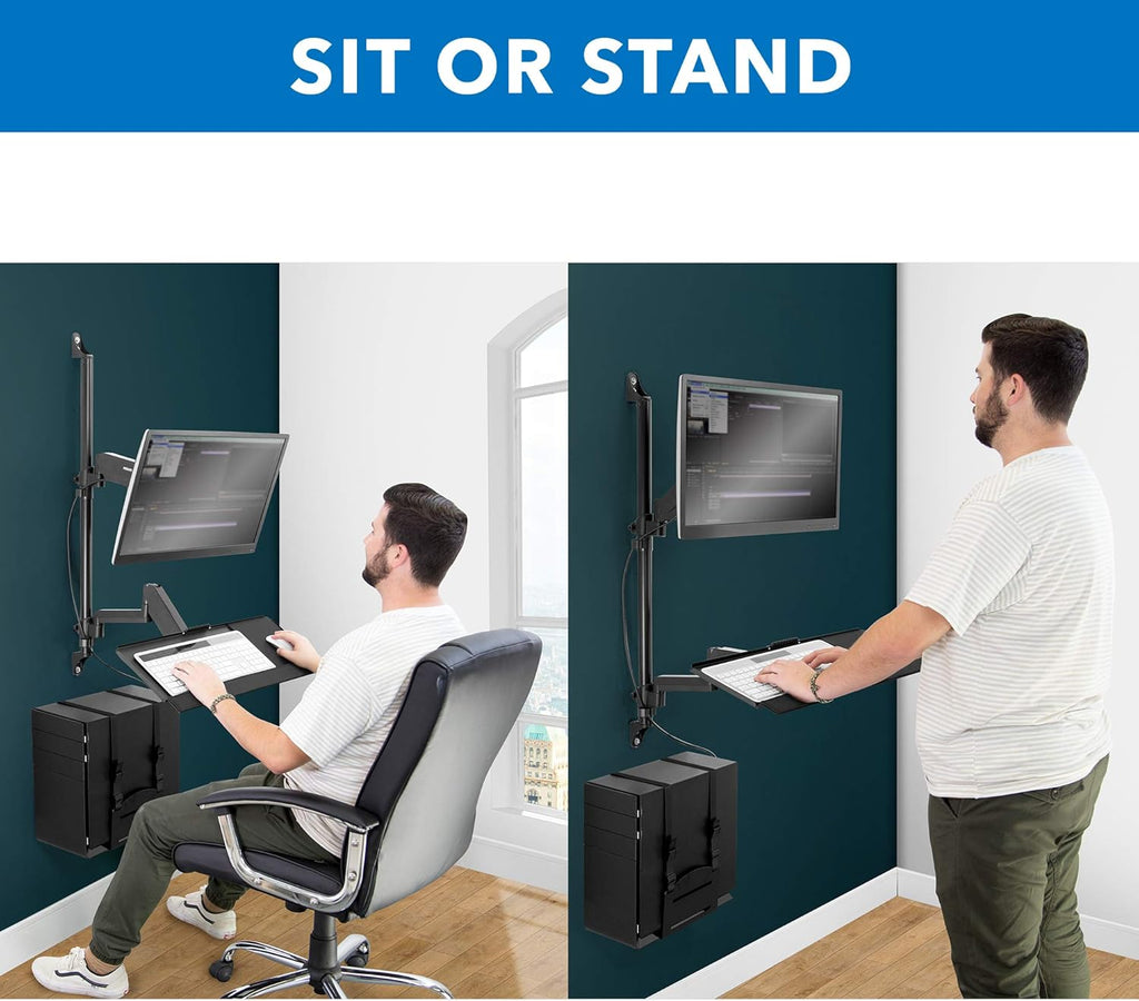 Wall Mount Workstation with Single Monitor Mount, Keyboard Tray and CPU Holder, Height Adjustable Full Motion Arms Q247