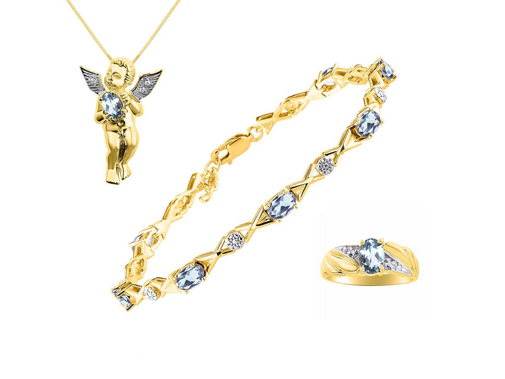 Yellow Gold Plated Hugs & Kisses Angel Necklace, Tennis Bracelet, & Ring with Diamonds Adjustable 7"-8" Wrist & 18" Chain Aquamarine Birthstone Jewelry E83012