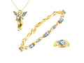 Yellow Gold Plated Hugs & Kisses Angel Necklace, Tennis Bracelet, & Ring with Diamonds Adjustable 7"-8" Wrist & 18" Chain Aquamarine Birthstone Jewelry E83012