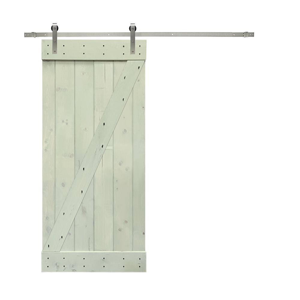 Sage Green Stained Wood Interior Sliding Barn Door with Hardware Kit J92566