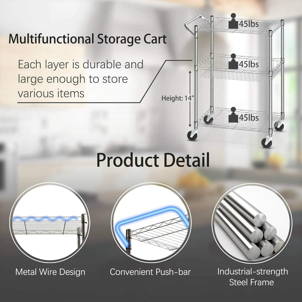 3-Tier Silver Steel Rolling Kitchen Trolley Cart with Storage Shelves O963215