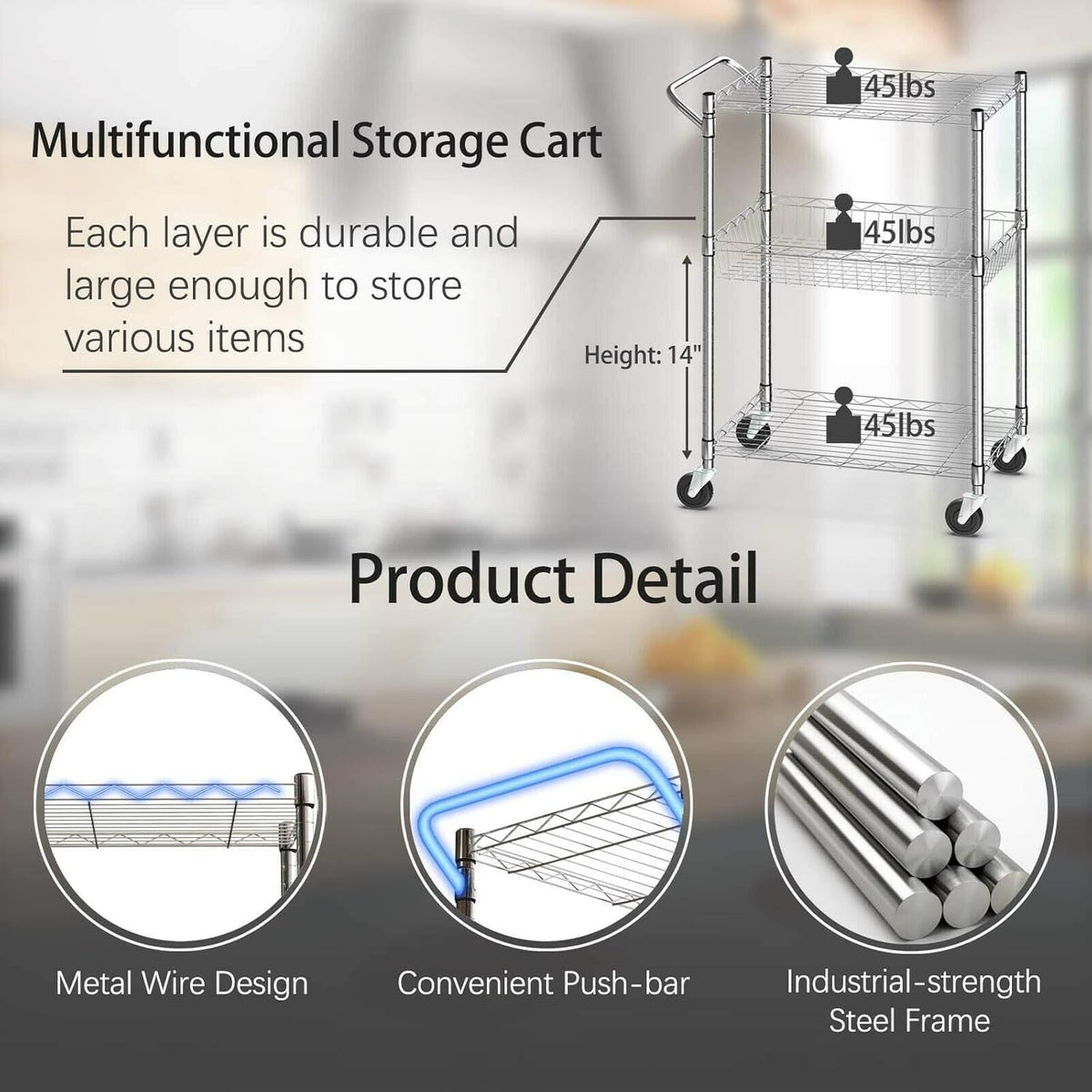 3-Tier Silver Steel Rolling Kitchen Trolley Cart with Storage Shelves O963215