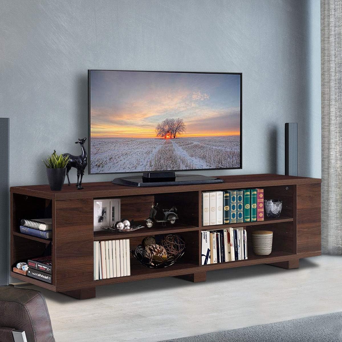 Black Wooden TV Stand with 8 Open Shelves O219254